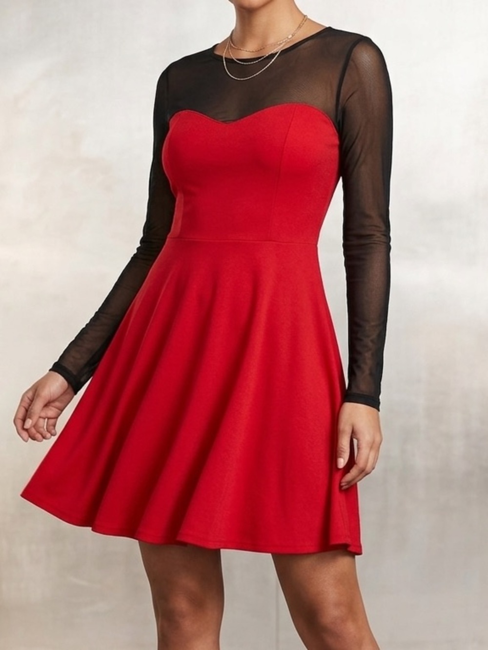 Forever 21 red dress with a black sheer mesh yoke and long sleeves